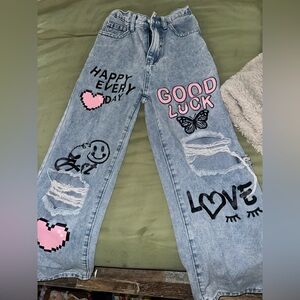SHEIN Blue Jeans with Pink and Black Graphics